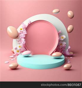 Shiny 3D Pink Podium with Eggs and Flowers Decoration for Easter Day Product Presentation