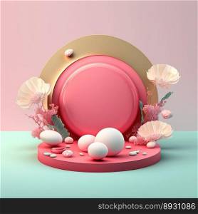 Shiny 3D Pink Podium with Eggs and Flowers Decoration for Easter Day Product Showcase
