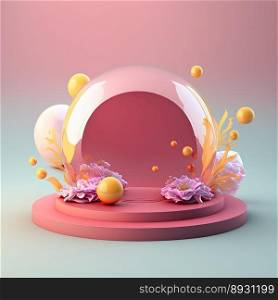 Shiny 3D Pink Podium with Eggs and Flowers for Easter Celebration Product Display
