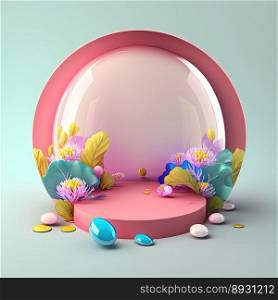 Shiny 3D Pink Podium with Eggs and Flowers for Easter Celebration Product Display