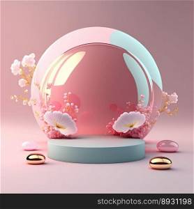 Shiny 3D Pink Podium with Eggs and Flowers for Easter Celebration Product Presentation