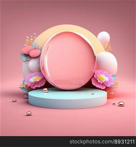 Shiny 3D Pink Podium with Eggs and Flowers for Easter Celebration Product Presentation