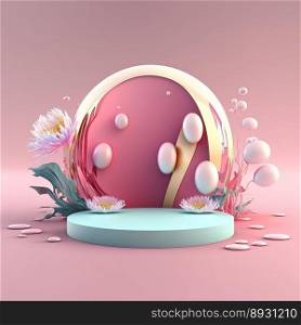Shiny 3D Pink Podium with Eggs and Flowers for Easter Celebration Product Showcase