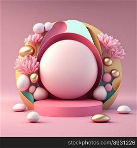 Shiny 3D Pink Podium with Eggs and Flowers for Easter Day Product Display