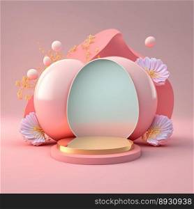 Shiny 3D Pink Podium with Eggs and Flowers for Easter Day Product Presentation