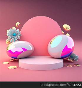 Shiny 3D Pink Podium with Eggs and Flowers for Easter Day Product Showcase