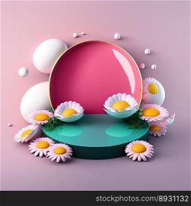 Shiny 3D Pink Podium with Eggs and Flowers for Easter Product Display