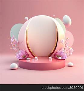 Shiny 3D Pink Podium with Eggs and Flowers for Easter Product Presentation