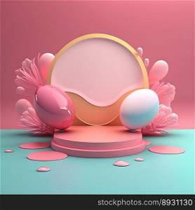 Shiny 3D Pink Podium with Eggs and Flowers for Easter Product Showcase