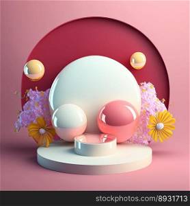 Shiny 3D Pink Podium with Eggs and Flowers Ornament for Easter Celebration Product Presentation