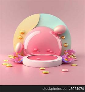 Shiny 3D Pink Podium with Eggs and Flowers Ornament for Easter Day Product Presentation