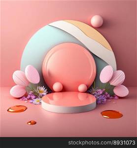 Shiny 3D Pink Podium with Eggs and Flowers Ornament for Easter Day Product Showcase