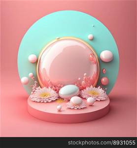 Shiny 3D Pink Stage with Eggs and Flowers Decoration for Easter Celebration Product Display