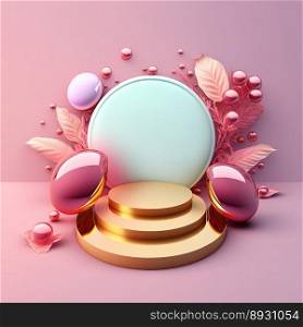Shiny 3D Pink Stage with Eggs and Flowers Decoration for Easter Celebration Product Presentation