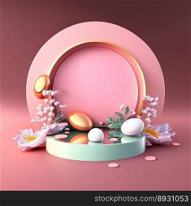 Shiny 3D Pink Stage with Eggs and Flowers Decoration for Easter Celebration Product Showcase