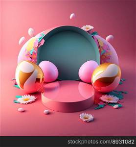 Shiny 3D Pink Stage with Eggs and Flowers Decoration for Easter Day Product Display