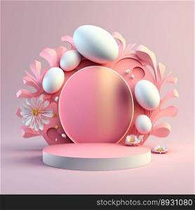 Shiny 3D Pink Stage with Eggs and Flowers Decoration for Easter Day Product Showcase