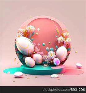 Shiny 3D Pink Stage with Eggs and Flowers for Easter Celebration Product Display
