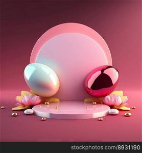 Shiny 3D Pink Stage with Eggs and Flowers for Easter Celebration Product Presentation
