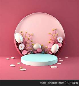 Shiny 3D Pink Stage with Eggs and Flowers for Easter Celebration Product Showcase