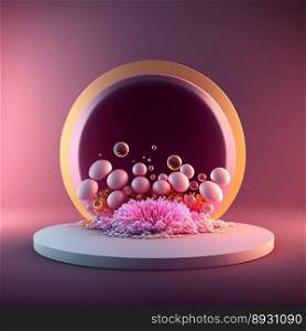 Shiny 3D Pink Stage with Eggs and Flowers for Easter Product Showcase