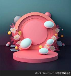 Shiny 3D Pink Stage with Eggs and Flowers Ornament for Easter Celebration Product Showcase