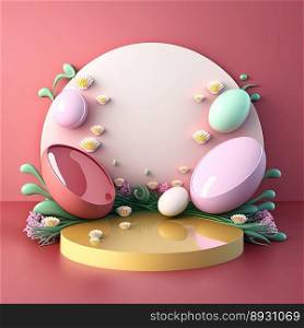 Shiny 3D Pink Stage with Eggs and Flowers Ornament for Easter Day Product Display