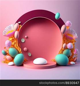 Shiny 3D Podium with Eggs and Flowers Decoration for Easter Day Product Presentation
