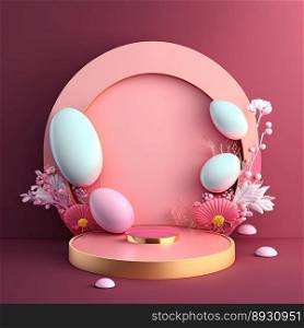 Shiny 3D Podium with Eggs and Flowers for Easter Celebration Product Presentation