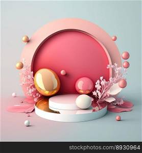 Shiny 3D Podium with Eggs and Flowers for Easter Celebration Product Presentation