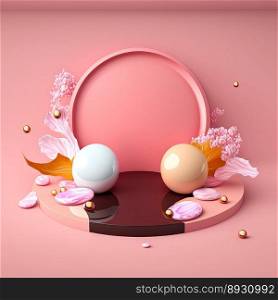 Shiny 3D Podium with Eggs and Flowers for Easter Day Product Display