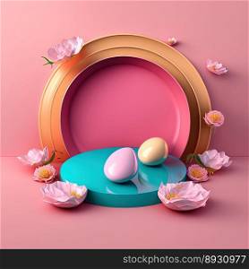 Shiny 3D Podium with Eggs and Flowers for Easter Day Product Presentation