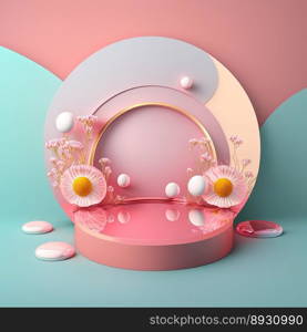 Shiny 3D Podium with Eggs and Flowers for Easter Day Product Presentation