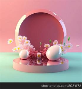 Shiny 3D Podium with Eggs and Flowers for Easter Product Display