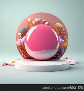 Shiny 3D Podium with Eggs and Flowers for Easter Product Showcase