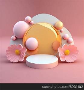 Shiny 3D Podium with Eggs and Flowers Ornament for Easter Celebration Product Display