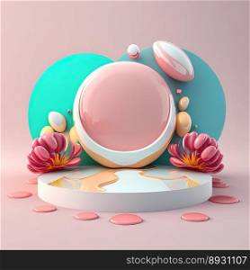 Shiny 3D Stage with Eggs and Flowers Decoration for Easter Celebration Product Presentation