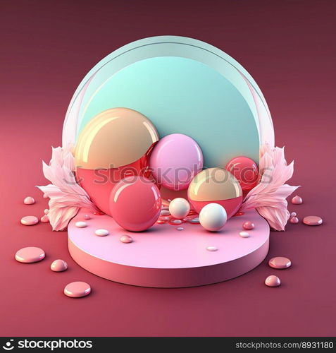 Shiny 3D Stage with Eggs and Flowers Decoration for Easter Day Product Presentation