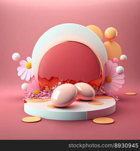 Shiny 3D Stage with Eggs and Flowers for Easter Celebration Product Display