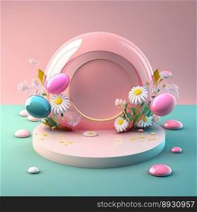 Shiny 3D Stage with Eggs and Flowers for Easter Celebration Product Presentation