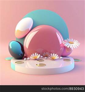 Shiny 3D Stage with Eggs and Flowers for Easter Celebration Product Showcase