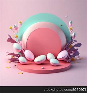 Shiny 3D Stage with Eggs and Flowers for Easter Day Product Presentation