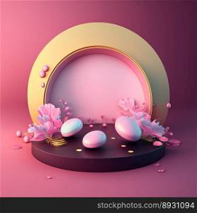 Shiny 3D Stage with Eggs and Flowers Ornament for Easter Celebration Product Presentation