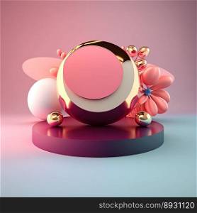 Shiny 3D Stage with Eggs and Flowers Ornament for Easter Day Product Presentation
