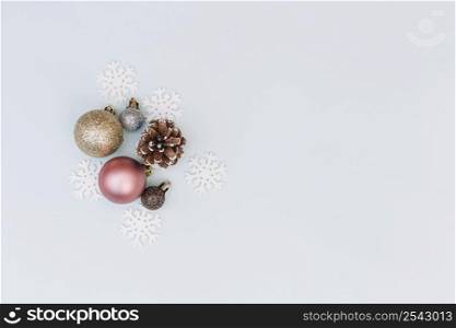 shiny baubles with snowflakes