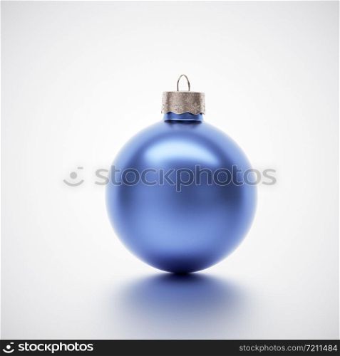 Shiny blue crimson Christmas bauble centered on a light grey background for seasonal Holiday celebrations and themes