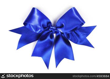 Shiny blue satin ribbon and bow isolated on white background
