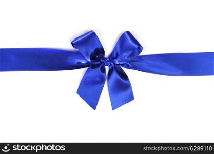 Shiny blue satin ribbon and bow isolated on white background
