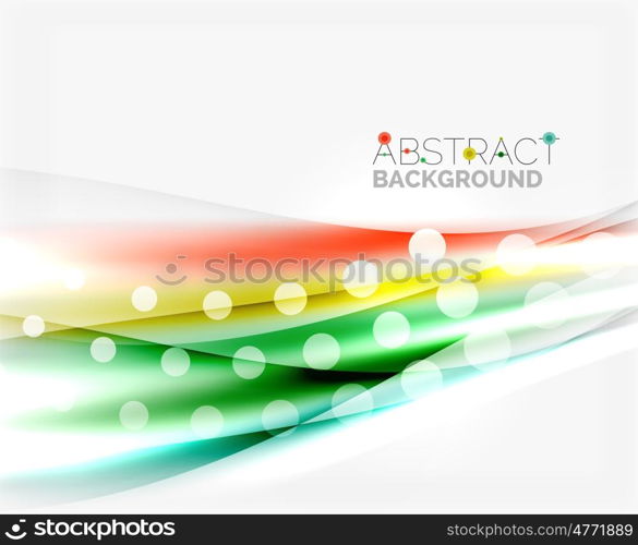 Shiny bright color lines with light effects and circles, wave abstract background