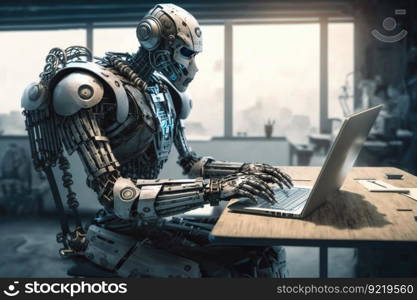 Shiny chrome exoskeleton android robot typing on a laptop. Illustration of a futuristic fantasy cyborg businessman. AI generated.. Shiny chrome exoskeleton android robot typing on a laptop. AI generated.